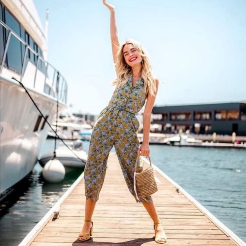Modcloth Retro Genuine Genius Mustard Floral Halter Wide Leg Jumpsuit- Medium